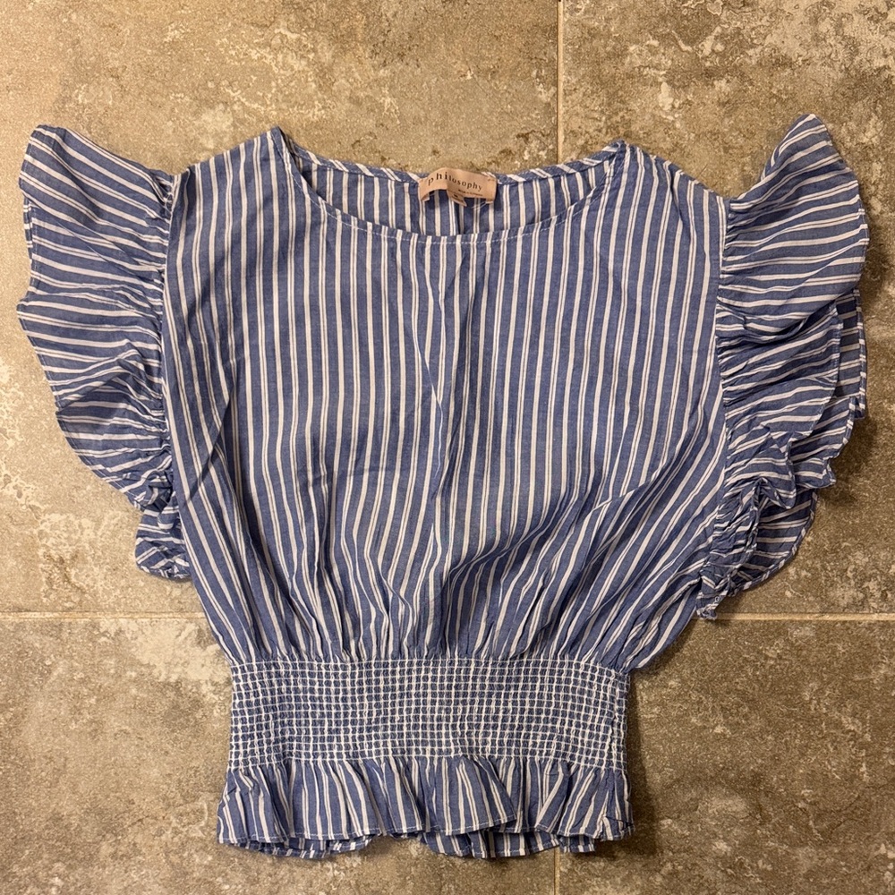 Philosophy Blue and White Striped Ruffle Blouse